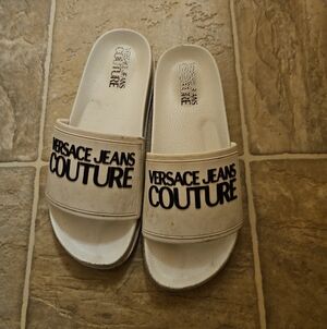 Versace White Slide Sandals with Black Logo Strap